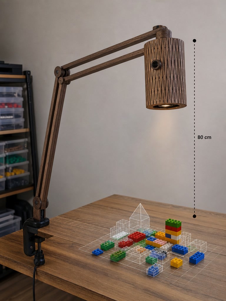 ARVIS Lamp projecting a 3D building layout and colored blocks onto a table