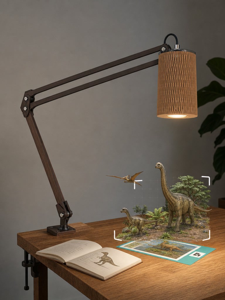 ARVIS Lamp projecting dinosaurs and learning materials onto a table
