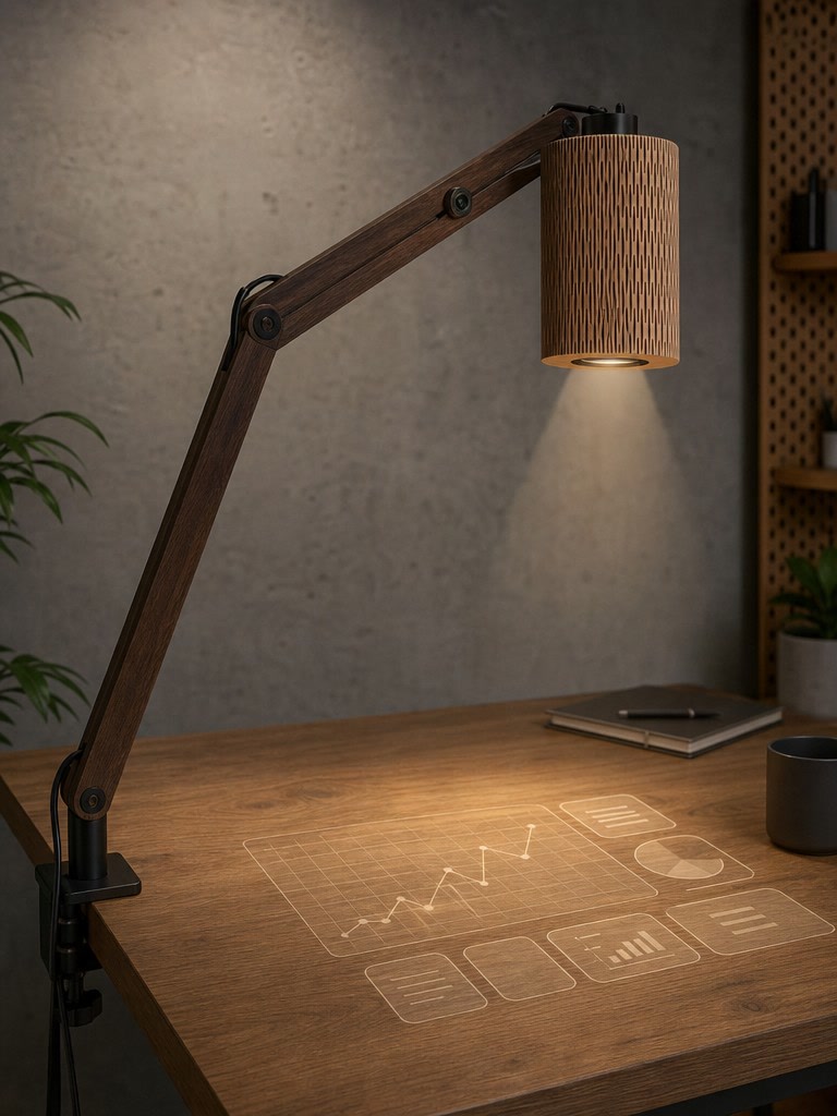 ARVIS Lamp projecting charts and a workspace dashboard onto a desk